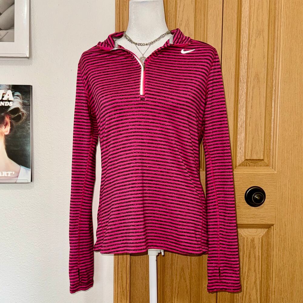 Nike Dri-Fit Element Running Quarter Zip Pullover Hot Pink Black Stripes Size M